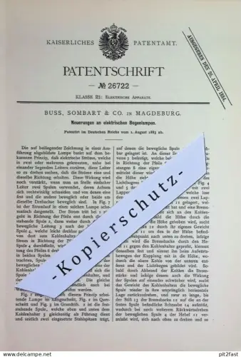 original Patent - Buss , Sombart & Co. , Magdeburg | 1883 | elektrische Bogenlampe | Lampe Lampen , Beleuchtung , Strom