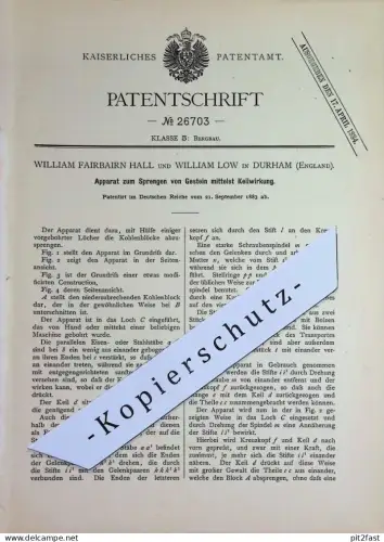 original Patent - William Fairbairn Hall , William Low , Durham , England | 1883 | Sprengen von Gestein | Bergbau !!