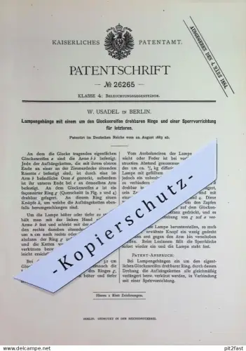 original Patent - W. Usadel , Berlin | 1883 | Lampengehänge | Lampe , Lampen | Hängelampen , Kronleuchter !!
