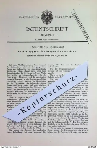 original Patent - J. Weidtman , Dortmund | 1883 | Kontrollapparat für Bergwerksmaschinen | Lokomotiven , Lok , Bergwerk