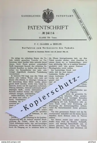 original Patent - F. C. Glaser , Berlin | 1883 | Verbessern von Tabak | Nikotin , Rauchen , Zigarren , Zigaretten