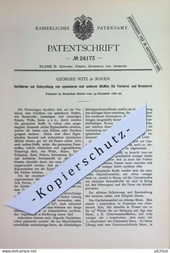 original Patent - Georges Witz , Rouen , Frankreich | 1882 | spinnbare Stoffe für Färberei u. Druckerei | Gewebe , Druck