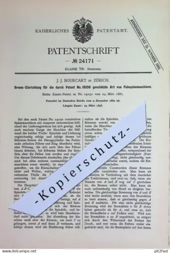 original Patent - J. J. Bourcart , Zürich , Schweiz | 1882 | Brems-Einrichtung für Feinspinnmaschinen | Spinnmaschine