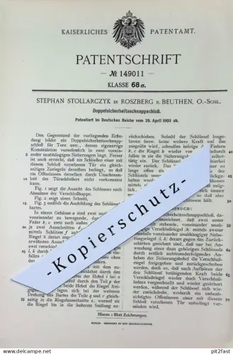 original Patent - Stephan Stollarczyk , Roszberg , Beuthen , O.-Schl. | 1903 | Doppelsicherheitsschnappschloss | Schloss