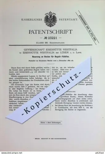 original Patent - Gewerkschaft Eisenhütte Westfalia / Lünen a. d. Lippe | 1882 | Roste für Regulier Füllöfen | Ofen Öfen