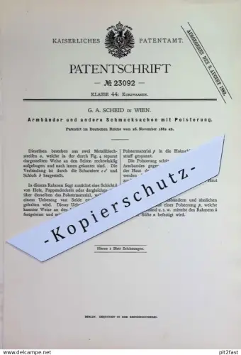 original Patent - G. A. Scheid , Wien , Österreich | 1882 | Armbänder u. Schmuck mit Polsterung | Goldschmied , Kette !!
