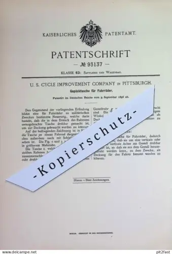 original Patent - U. S. Cycle Improvement Company , Pittsburgh | 1896 | Gepäcktasche für Fahrräder | Fahrrad - Tasche