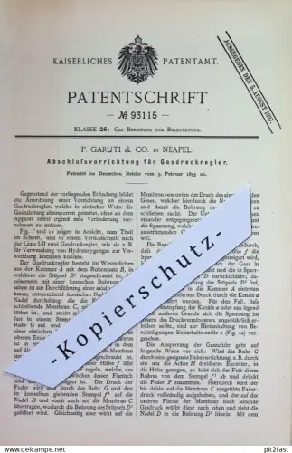 original Patent - P. Garuti & Co. , Neapel , Italien | 1895 | Abschlussvorrichtung für Gasdruckregler | Gas , Gasregler