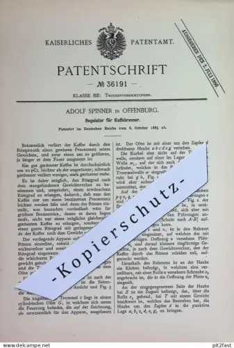 original Patent - Adolf Spinner , Offenburg | 1885 | Regulator für Kaffeebrenner | Kaffee , Brenner , Rösten , coffee !!