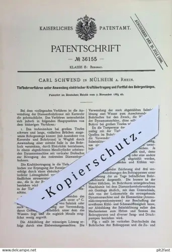 original Patent - Carl Schwend , Mülheim / Rhein | 1885 | Tiefbohrverfahren | Bergbau , Bohren , Bohrer , Bohrmaschine !