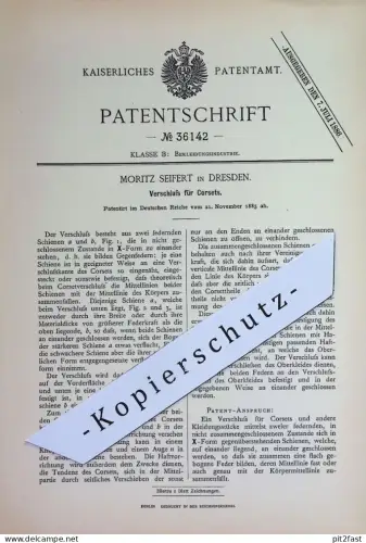 original Patent - Moritz Seifert , Dresden  | 1885 | Verschluss für Corsets | Corset , Korset Korsett | Mode , Schneider