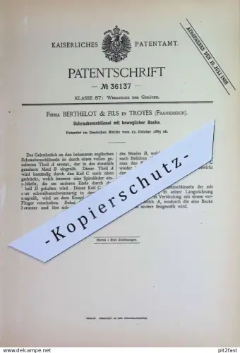 original Patent - Fa. Berthelot & Fils , Troyes , Frankreich | 1885 | Schraubenschlüssel m. beweglicher Backe | Werkzeug