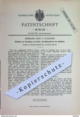 original Patent - Hermann Joest , Solingen | 1885 | Gartenschere , Rebenschere aus Stahlblech | Schere , Scheren !!