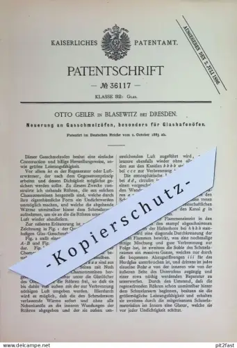 original Patent - Otto Geiler , Dresden / Blasewitz | 1885 | Gasschmelzofen , Glashafenofen | Ofen , Öfen , Glas Gläser