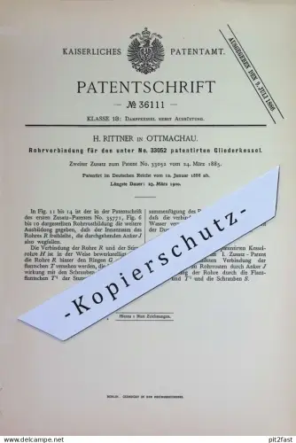 original Patent - H. Rittner , Ottmachau | 1886 | Rohrverbindung für Gliederkessel | Wasserkessel , Dampfkessel | Kessel
