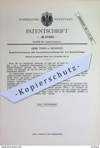 original Patent - Gebr. Theis , Solingen | 1883 | Knopflochschere | Schere , Scheren | Schneidzeug , Werkzeug , Messer !