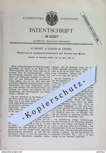 original Patent - E. Dienst , Leipzig / Gohlis | 1883 | Zungeninstrument mit Kurbel und Walze | Musik , Musikinstrument