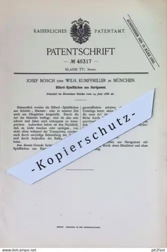 original Patent - Josef Bosch , Wilh. Kumpfmiller , München | 1888 | Billard - Spielflächen aus Hartgummi | Billardtisch