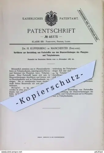original Patent - Dr. H. Kupferberg , Manchester , England | 1887 | Darstellung von Farbstoffen | Farbe , Farben , Lacke