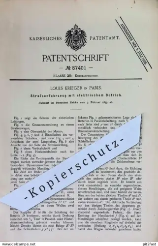 original Patent - Louis Krieger , Paris Frankreich | 1895 | Straßenfahrzeug mit elektrischem Betrieb | Eisenbahn , Bahn