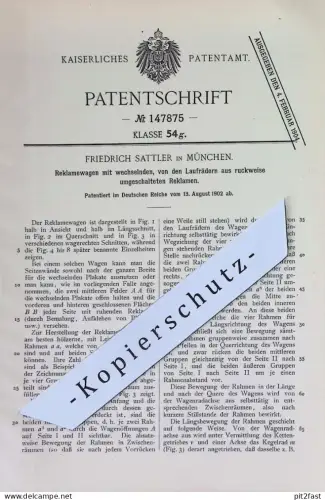 original Patent - Friedrich Sattler , München | 1902 | Reklamewagen mit wechselnden Reklamen | Werbung | Anzeigen