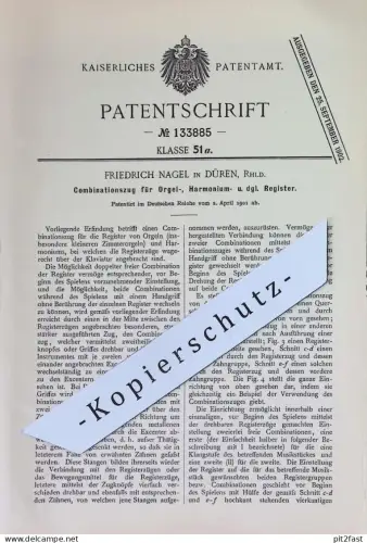 original Patent - Friedrich Nagel , Düren / Rhld. | 1901 | Kombinationszug für Register von Orgel , Harmonium | Musik !!