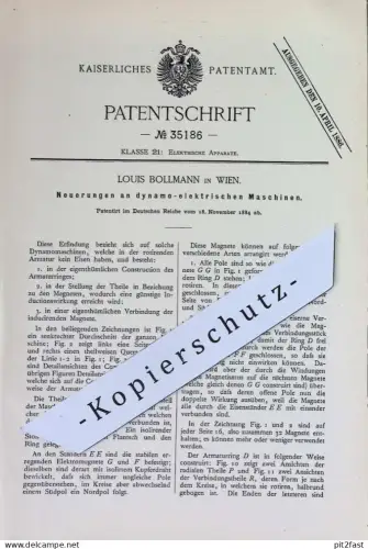 original Patent - Louis Bollmann , Wien , Österreich | 1884 | dynamo - elektrische Maschinen | Dynamomaschine !!