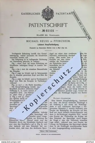 original Patent - Michael Reuss , Pforzheim | 1891 | Lösbare Knopfbefestigung | Knopf , Knöpfe | Schneider