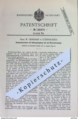 original Patent - Fa. W. Gerhardi , Lüdenscheid | 1899 | Drahtziehmaschine mit Reibungskupplung | Draht , Metall , Blech