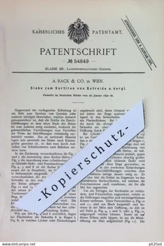 original Patent - A. Rack & Co. , Wien , Österreich | 1890 | Siebe zum Sortieren von Getreide | Sieb , Landwirtschaft !!