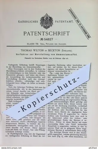 original Patent - Thomas Wilton , Beckton , England | 1890 | Herstellung von Ammoniumsulfat | Ammoniak , Chemie , Säure