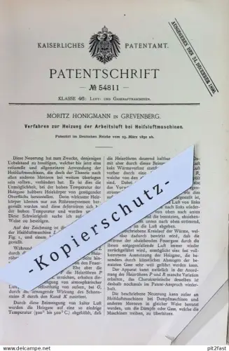 original Patent - Moritz Honigmann , Grevenberg | 1890 | Heizung der Arbeitsluft bei Heißluftmaschine | Motor , Gasmotor