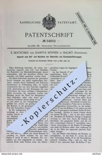 original Patent - E. Ekströmer , Hampus Mörner , Malmö Schweden | 1890 | Auf- u. Abziehen der Radreifen von Eisenbahnen