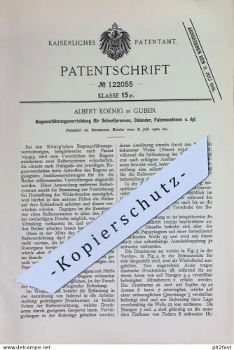 original Patent - Albert Koenig , Guben | 1900 | Papier - Bogenzuführung für Schnellpressen , Calander , Falzmaschinen !