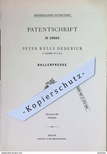 original Patent - Peter Kells Dederick , Albany , USA | 1879 | Ballenpresse | Ballen - Presse | Pressen | Stroh , Heu !!