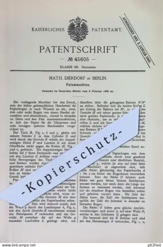 original Patent - Math. Dierdorf , Berlin | 1888 | Falzmaschine | Falzen , Druck , Druckerei , Buchdruck , Buchbinderei