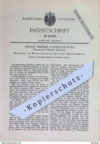 original Patent - George Teideman , Borough Road , Surrey , England | 1888 | Wassermesser | Flüssigkeitsmesser | Messung
