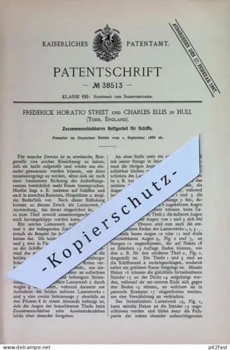 original Patent - Frederick Horatio Street , Charles Ellis , Hull , York England | 1886 | Bettgestell für Schiffe | Bett