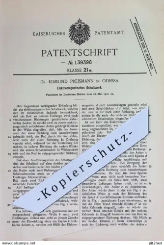 original Patent - Dr. Edmund Preismann , Odessa | 1901 |  Elektromagnetisches Schaltwerk | Elektromagnet | Magnet !!!