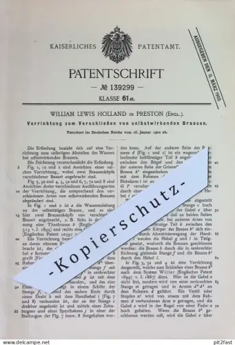 original Patent - William Lewis Holland , Preston , England | 1902 | Verschließen von Wasser - Brausen | Ventil Ventile