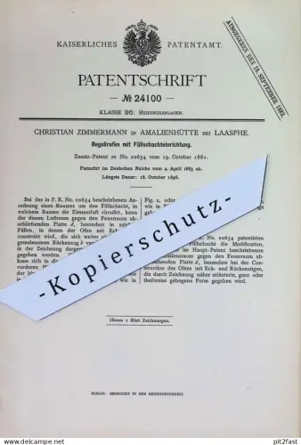 original Patent - Christian Zimmermann , Amalienhütte / Laasphe | 1883 | Regulierofen mit Füllschachteinrichtung | Ofen