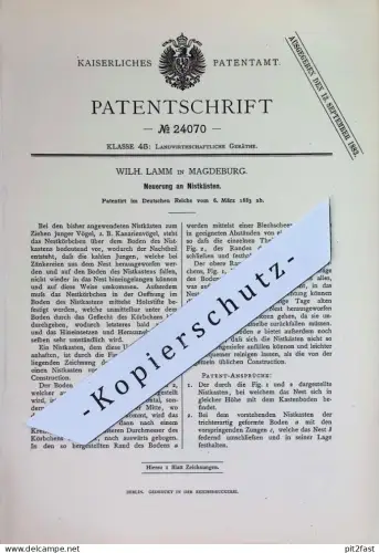 original Patent - Wilh. Lamm , Magdeburg | 1883 | Nistkästen | Nistkasten | Vogel , Vögel | Landwirtschaft !!
