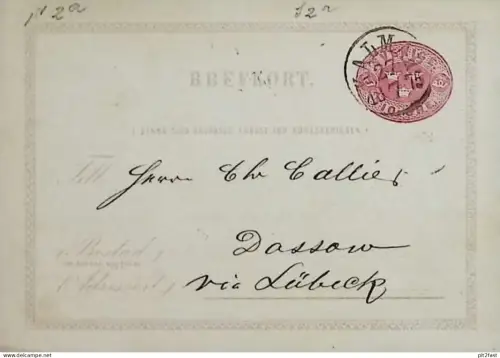 alte Karte , aus Kalmar i. Schweden , 1875 , an Chr. Callies in Dassow b. Schönberg i. Mecklenburg !!