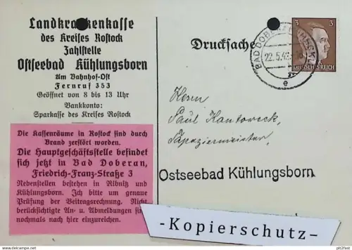Paul Kantorek in Kühlungsborn , 1942 , Krankenkasse , Bad Doberan , Ganzsache !!