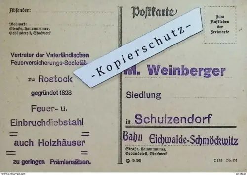 M. Weinberger in Schulzendorf b. Eichwalde - Schmöckwitz , 1926 , Versicherung Rostock , Ganzsache !!