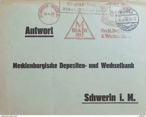 Depositen- und Wechselbank Schwerin i. Mecklenburg , 1932 , Buchholz b. Röbel , alter Umschlag !!