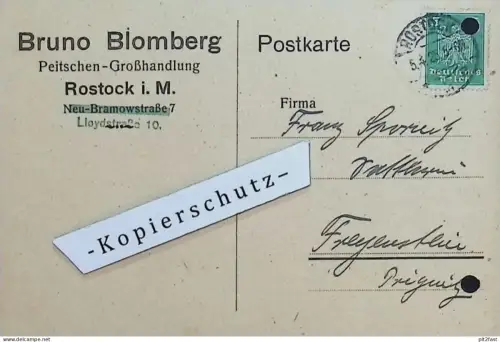 Peitschen-Großhandel Bruno Blomberg in Rostock , 1925 , Ganzsache , Mecklenburg !!