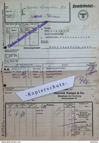 Frachtbrief der Eisenbahn Elmshorn - Barmstedt - Oldesloe , 1942 , Elmshorn , P. Kantorek in Kühlungsborn , Mecklenburg