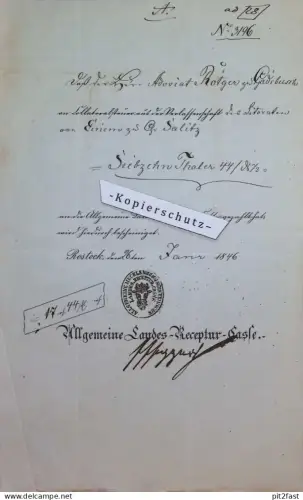 Landes-Receptur-Casse , Advocat Rötger zu Gadebusch , Groß Salitz b. Kembz , 1846 , Rostock , Mecklenburg !!