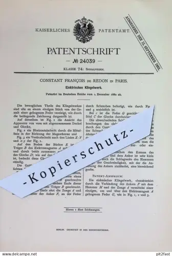 original Patent - Constant Francois de Redon , Paris Frankreich | 1882 | Elektrisches Klingelwerk | Klingel , Läutewerk